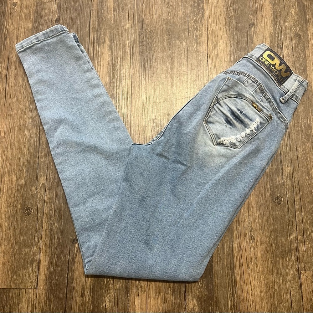 ONE WORLD Stretch Light Blue Distressed Skinny Jeans High Waist Pants Pushup 5